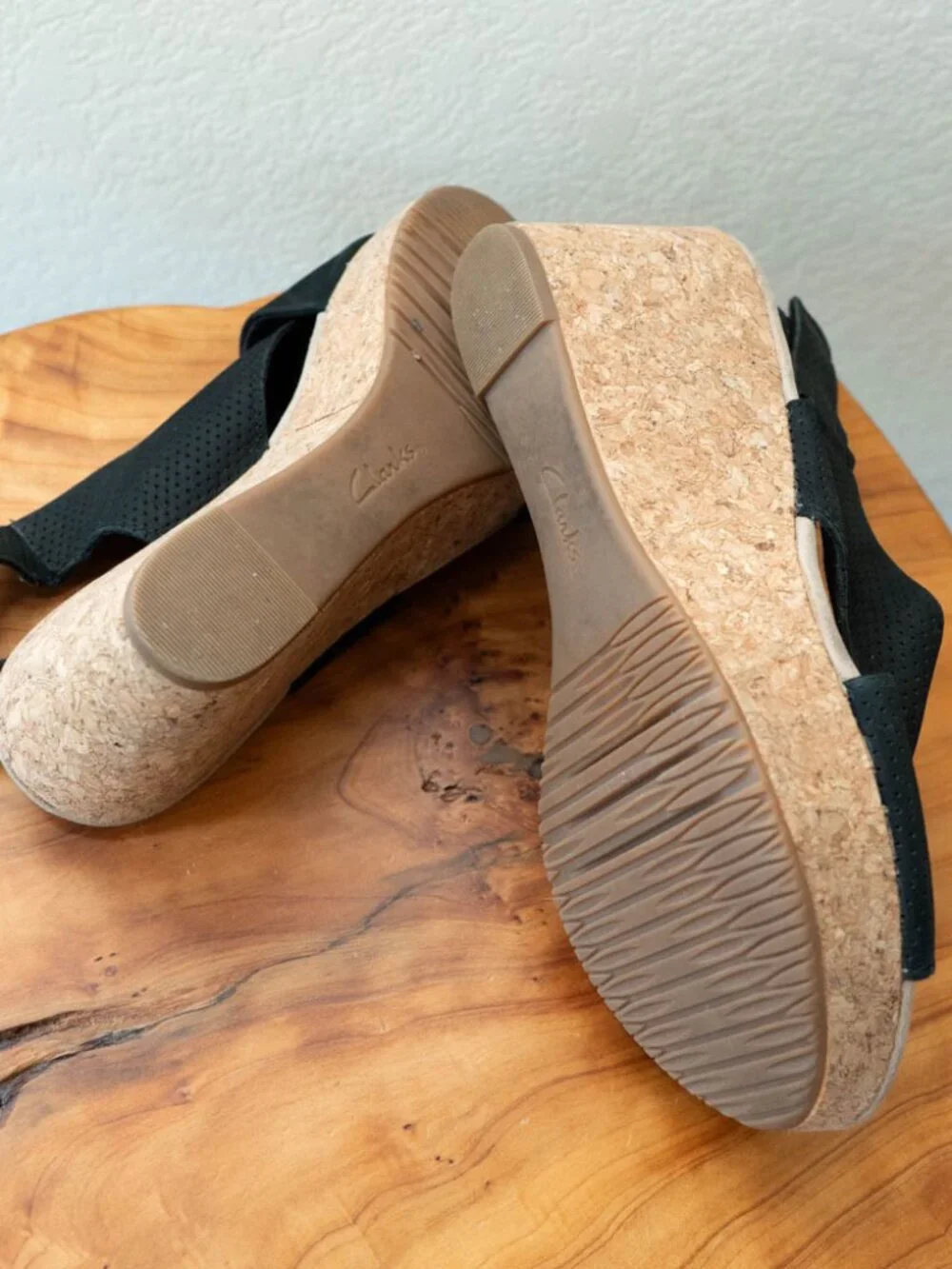 Clarks Annadel Parker Black Open Toe Cork Wedge Sandals Comfort Shoes Sz 9